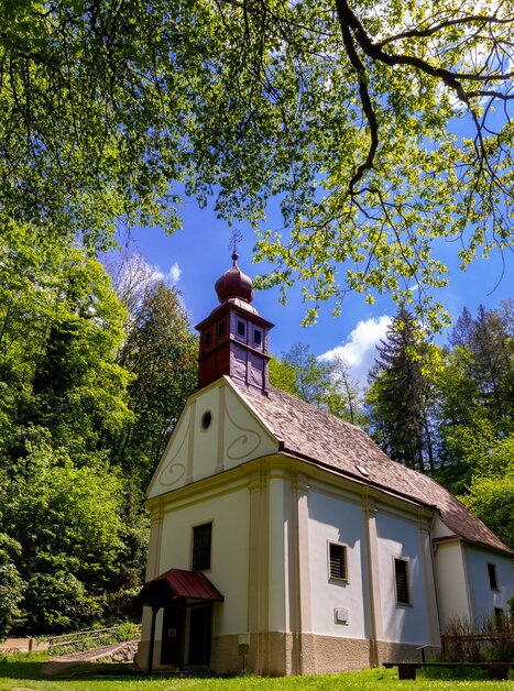 Ulrichtsbrunn pilgrimage church surrounded by green forest and a bright sky. | © Graz Tourismus