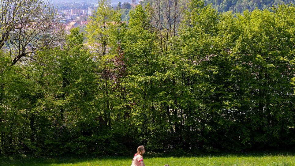 A woman and a child hike through a green landscape overlooking Graz and the Graz Clock Tower.