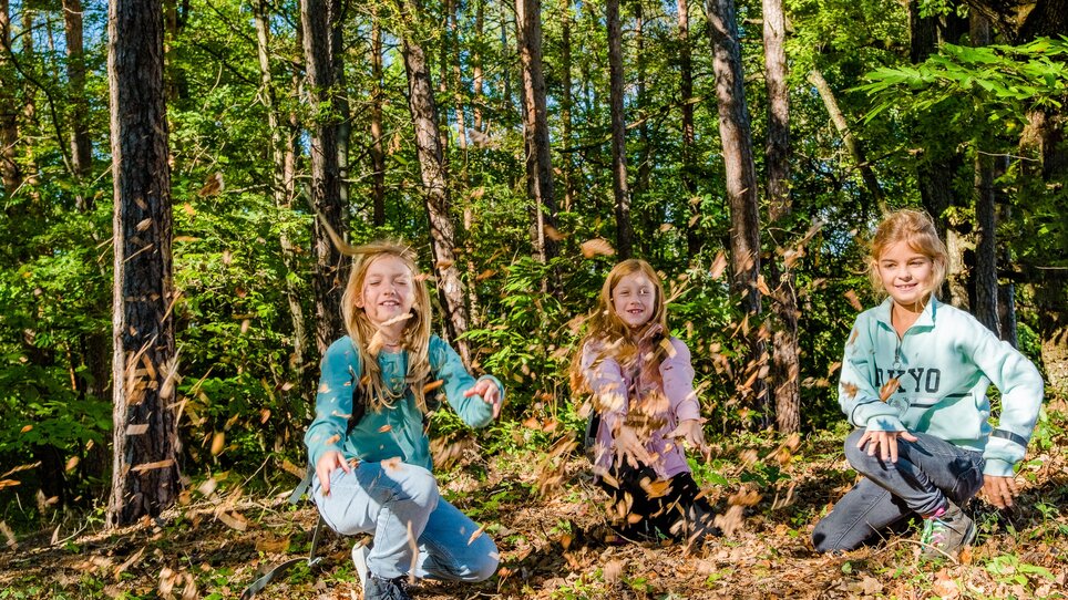 Drei Mädchen werfen Laub in die Luft und lachen im Wald. | © Graz Tourismus