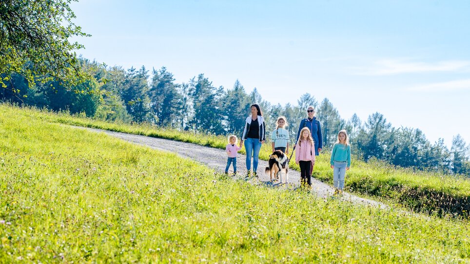 Eine Familie spaziert mit Kindern und Hund auf einem Weg im Grünen. | © Graz Tourismus