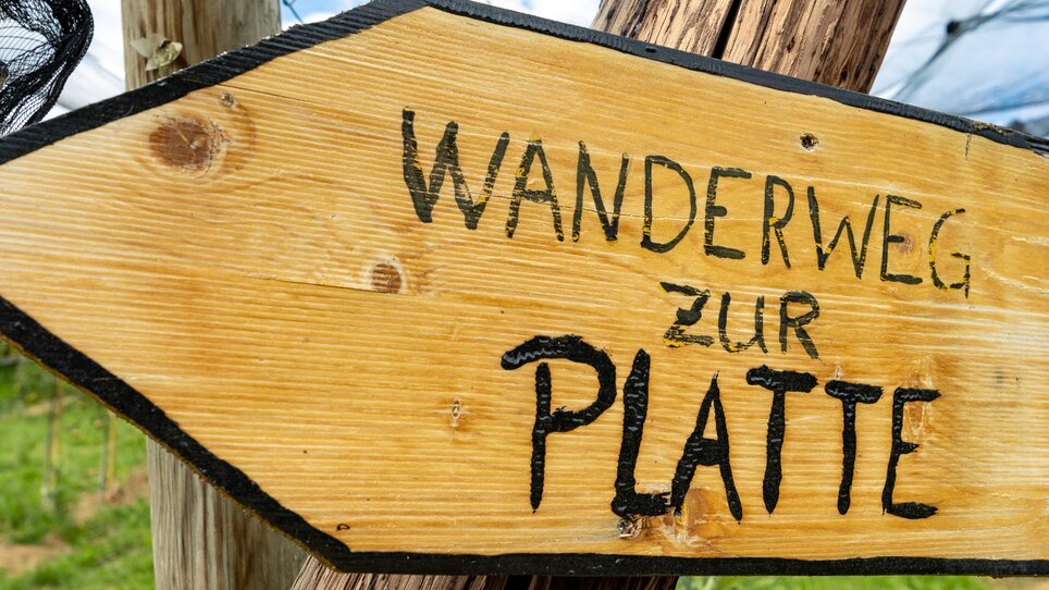 Holzschild zeigt Richtung zum Wanderweg zur Platte. | © Graz Tourismus