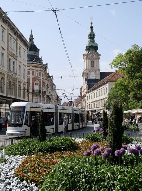 A tram in Graz with the City Parish Church in the background and blooming flowers in the foreground. | © Jasminka Putopis