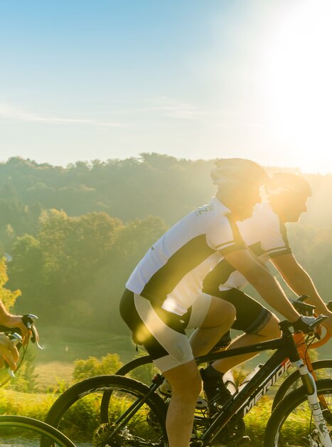 Drei Radfahrer genießen die Ausfahrt durch die Natur in der Region Graz im Herbst. | © Region Graz - Mias Photoart