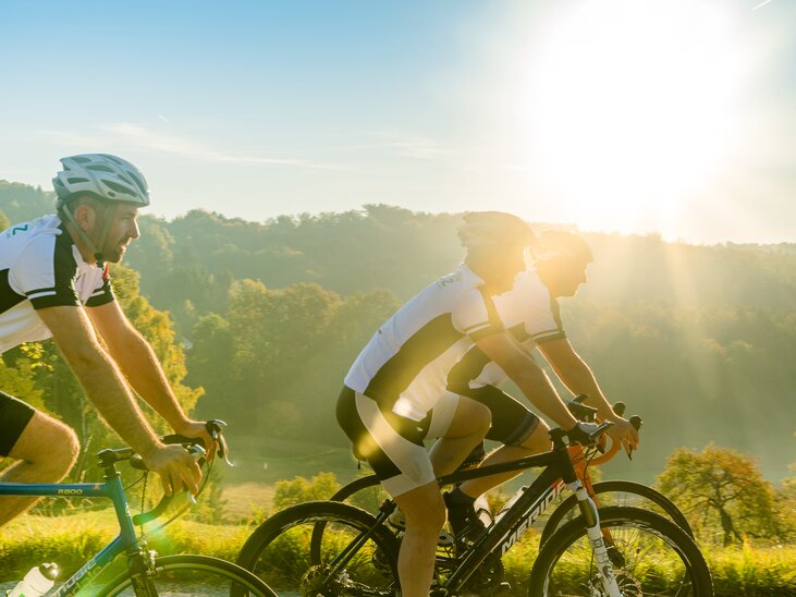 Drei Radfahrer genießen die Ausfahrt durch die Natur in der Region Graz im Herbst. | © Region Graz - Mias Photoart