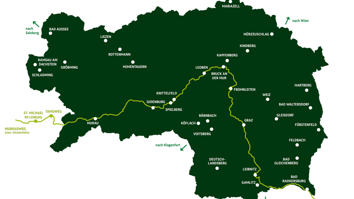 Map of Styria, highlighting cities like Graz on the Mur and other regions. | © Steiermark Tourismus