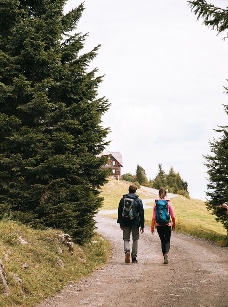 A couple walks along a wooded path in the mountains. | © Graz Tourismus
