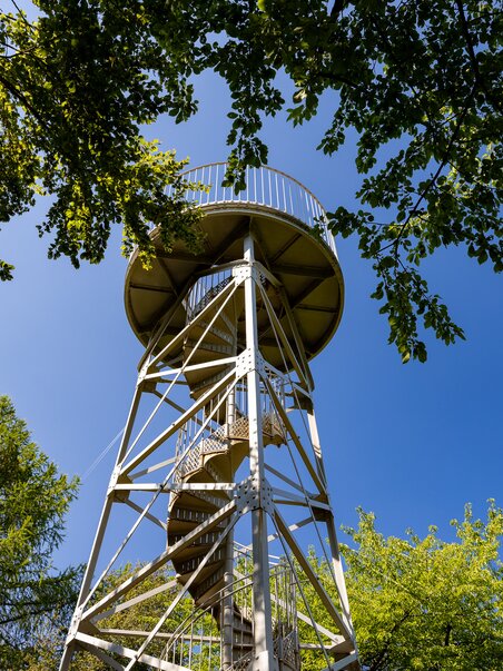 View of a lookout tower surrounded by trees against a blue sky. | © Graz Tourismus - Harry Schiffer
