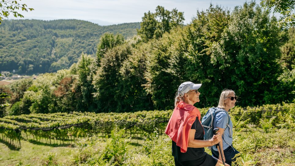 Zwei Frauen wandern durch die Weinberge bei Graz unter blauem Himmel. | © Graz Tourismus - Mias Photoart