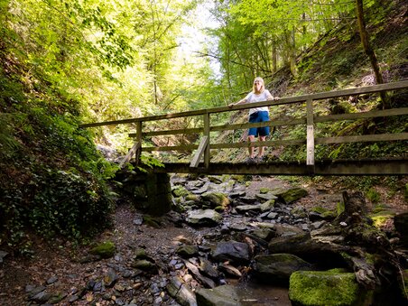A person stands on a wooden bridge in a wooded gorge. | © Graz Tourismus - Harry Schiffer