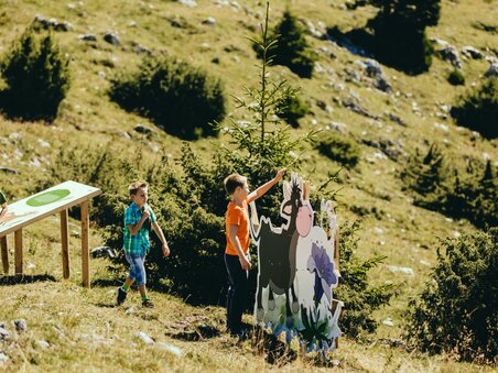 Drei Kinder spielen im Freien und betrachten eine Schautafel am Schöckl in Graz. | © Lupi Spuma