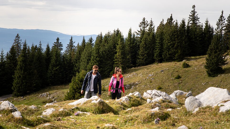 Zwei Wanderer erkunden die Wiesen des Schöckl in Graz. | © Graz Tourismus