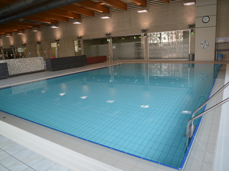 Piscina moderna con acqua blu e soffitto in legno. | © SPORTUNION Steiermark