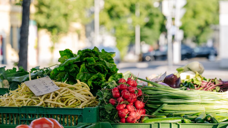 Frisches Gemüse auf dem Bauernmarkt am Lendplatz in Graz. | © Graz Tourismus - Mias Photoart