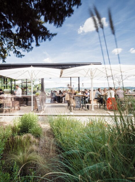 Gemütliche Terrasse mit Gästen, Sonnenschirmen und schöner Pflanzenlandschaft. | © aiola