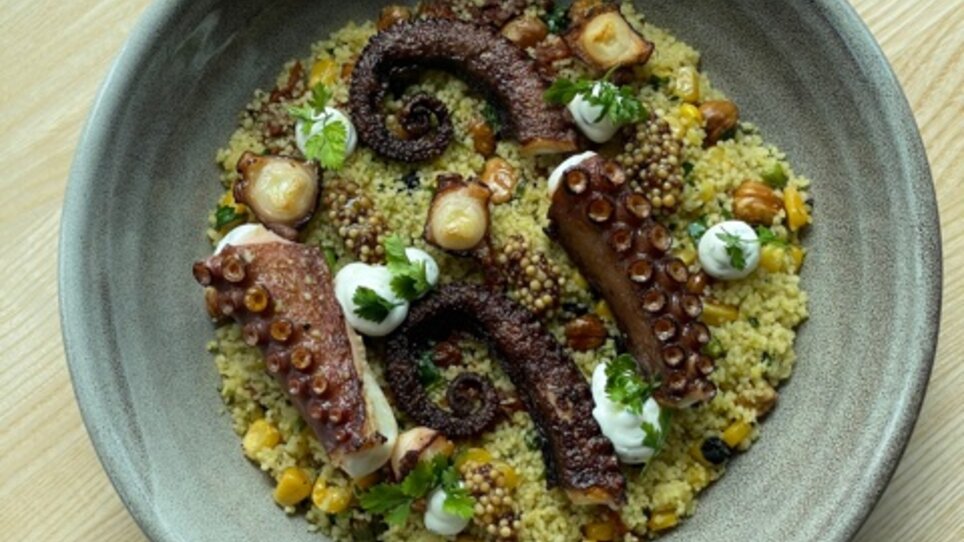 Un piatto con polpo grigliato su couscous con verdure.