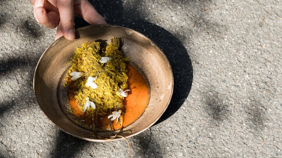 Un piatto con riso verde e salsa, tenuto da una mano su sfondo grigio. | © Kabuff