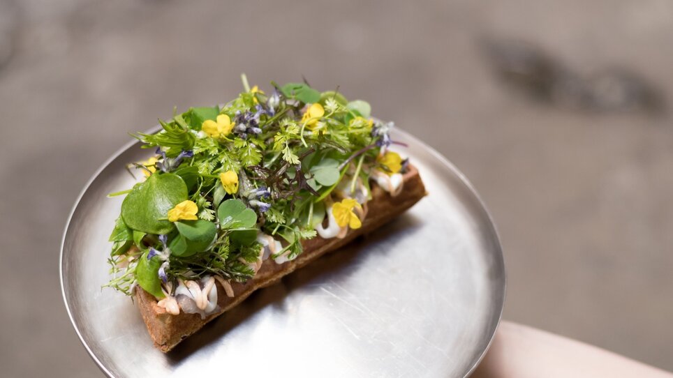Un panino guarnito con erbe verdi su un piatto argento. | © Kabuff