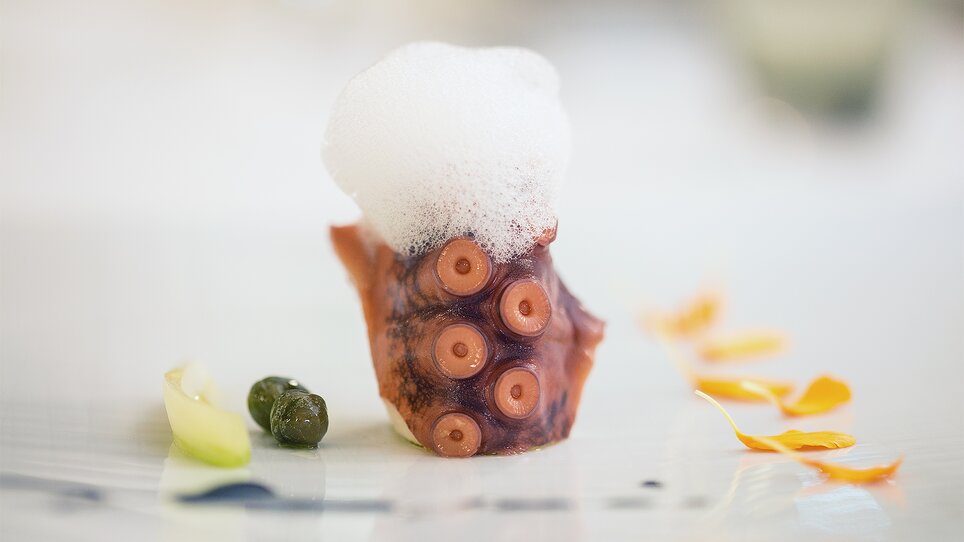 An artfully arranged dish with octopus and foam. | © Restaurant Artis