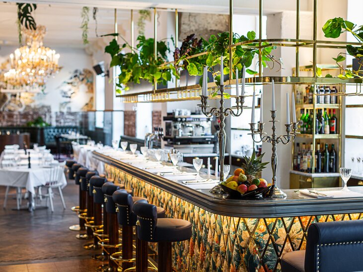 Elegante Restaurantbar mit Pflanzen und einer einladenden Atmosphäre. | © Florian Weitzer Hotels & Restaurants