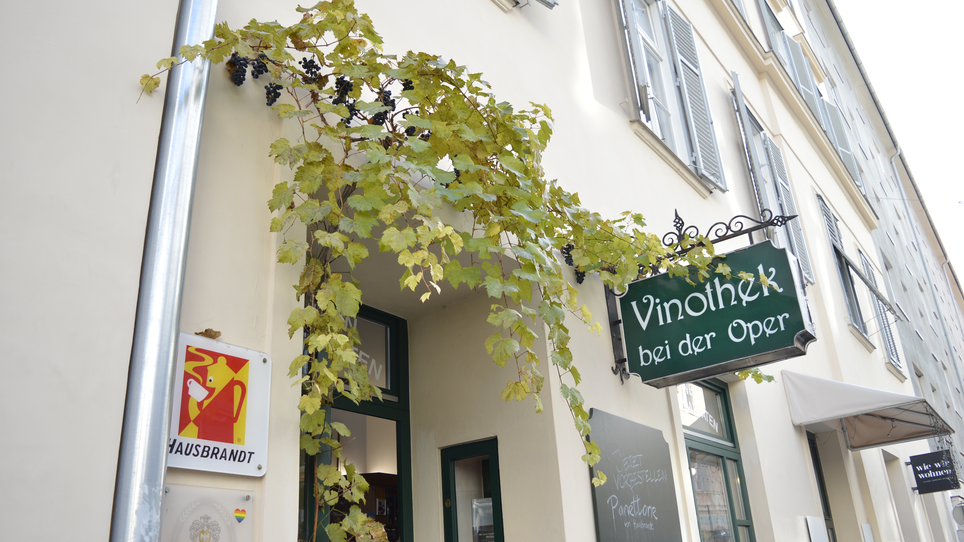 Eingang zur Vinothek bei der Oper mit Weinreben und Beschilderung. | © Vinothek bei der Oper