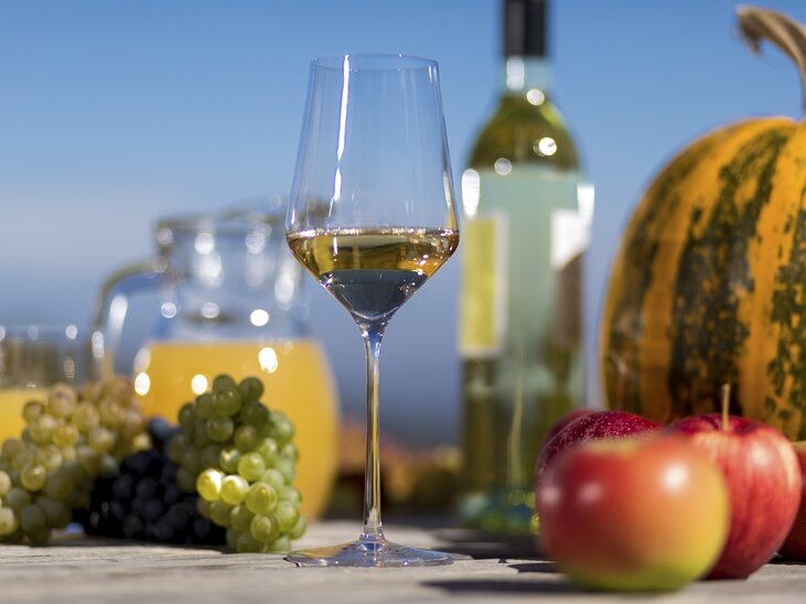 A glass of wine, grapes, apples, and a pumpkin in the autumn sun. | © Steiermark Tourismus - Harry Schiffer