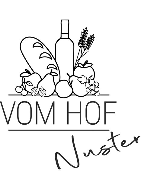 Simple logo featuring vegetables, fruits, and a wine bottle.