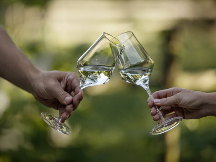 Zwei Hände mit Weingläsern mit Weißwein stoßen an. | © Hubert Uranjek
