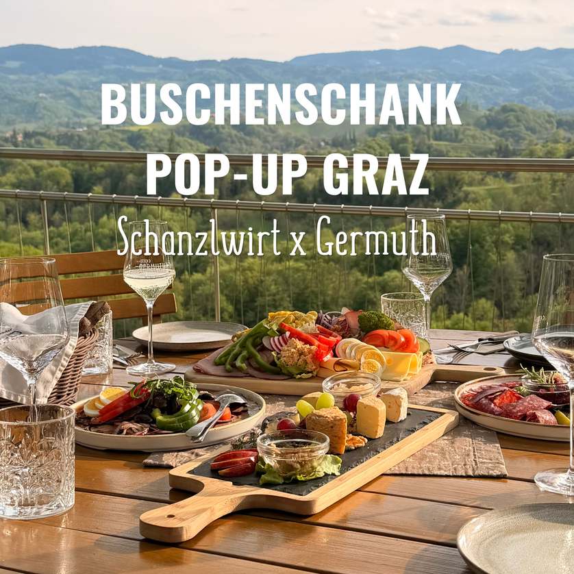 Table with food and drinks, view over Graz. | © Schanzlwirt