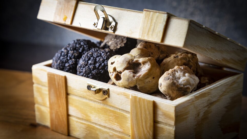 Eine Holztruhe gefüllt mit verschiedenen Trüffelsorten. | © Graz Tourismus - Werner Krug