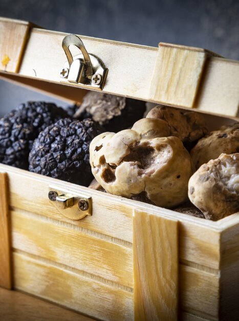A wooden chest filled with various types of truffles. | © Graz Tourismus - Werner Krug