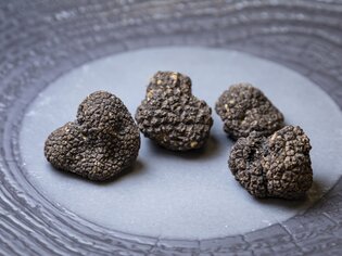 Vier schwarze Trüffel in herzförmiger und unregelmäßiger Form auf einem grauen Teller. | © Graz Tourismus_Werner Krug
