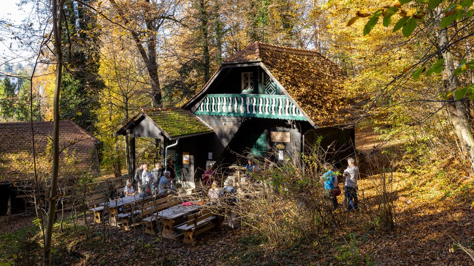 A wooden house in Leechwald surrounded by colorful autumn leaves and people at a truffle hike. | © Graz Tourismus - Harry Schiffer