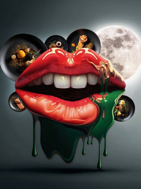 Una bocca surreale con labbra rosse e cibo in ciotole, circondata da una luna. | © Innoprojekt - Spreitzerdrei