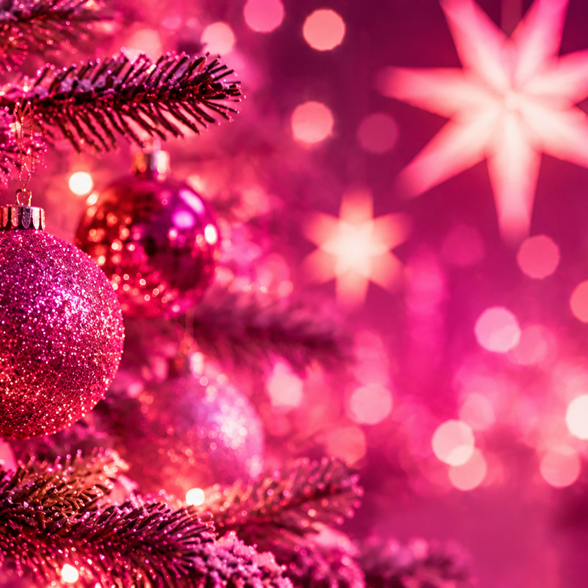 A glittering Christmas tree adorned with pink baubles and lights. | © mit KI generiert