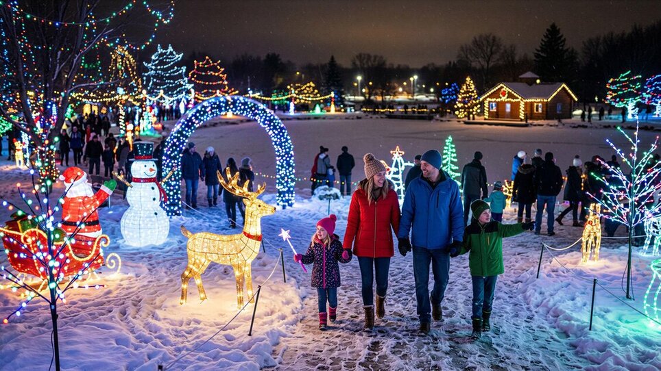Familie spaziert durch einen winterlichen Park voller Lichter. | © SE Holding GmbH