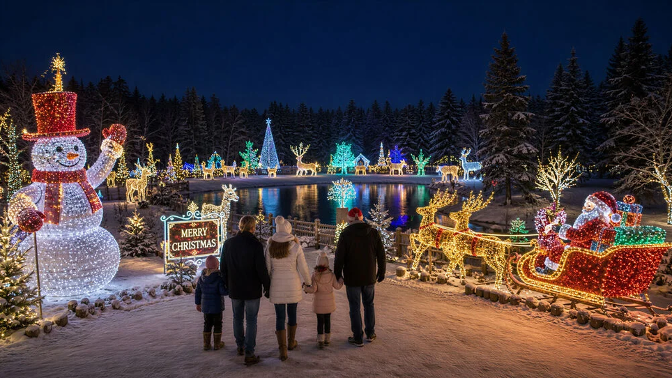 Familie genießt die festliche Weihnachtsbeleuchtung im Schnee. | © SE Holding GmbH