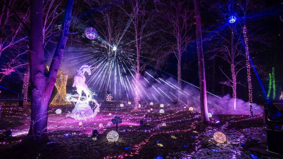 Un paesaggio incantevole con luci, un unicorno e nebbia in un parco illuminato. | © Lumagica Frohnleiten