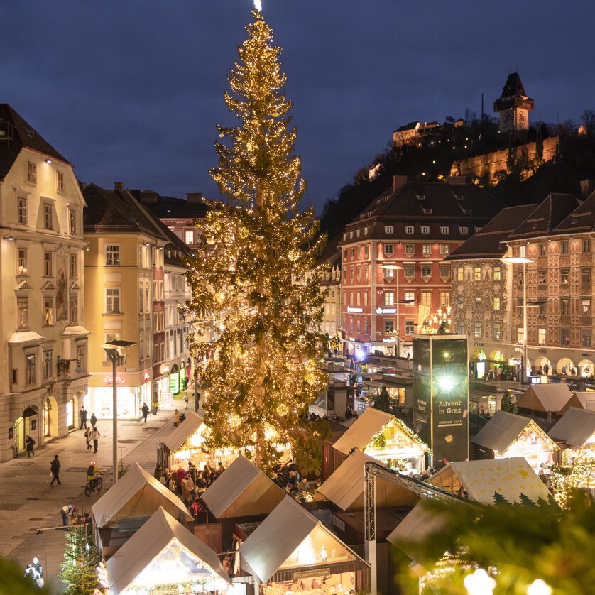 Advent in Graz I Christkindlmarkt vor dem Rathaus am Hauptplatz | © Vincent Croce Weihnachtsmarkt in Graz mit geschmücktem Baum und festlicher Beleuchtung. | © Vincent Croce