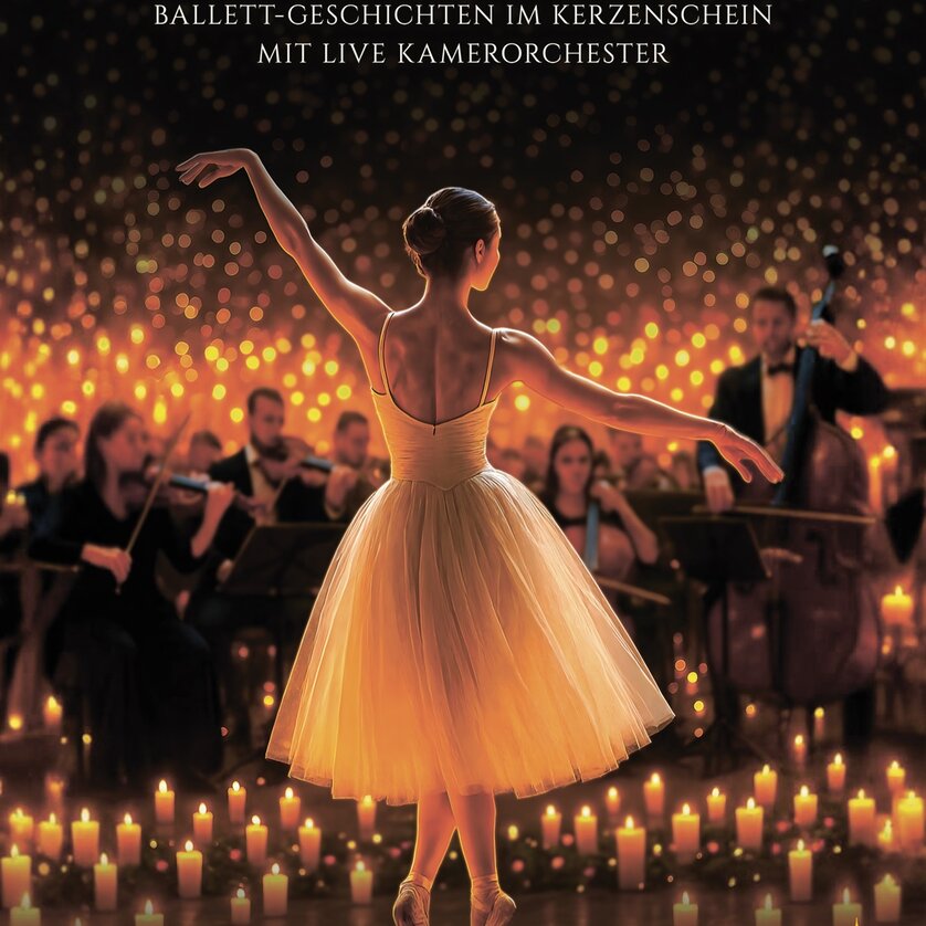 poster for a ballet event, showing a ballerina in white dress and musicians of an orchestra | © DE.Lights Events UG