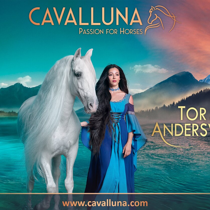 A horse and a woman in fantasy attire against a scenic backdrop. | © CAVALLUNA