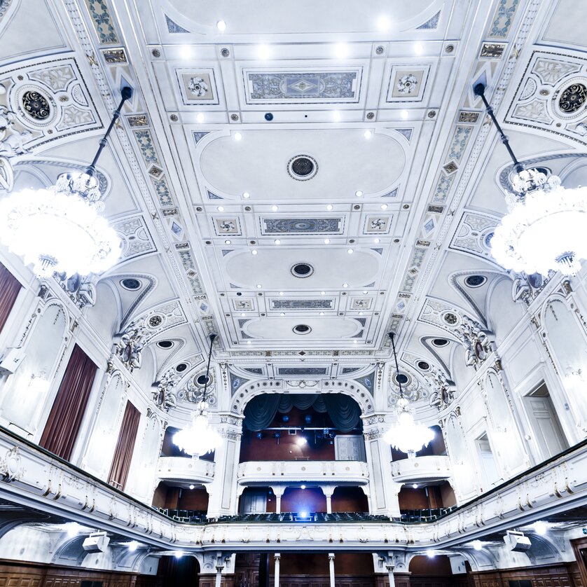 Detailansicht der eleganten Decke mit Kronleuchtern und künstlerischen Elementen. | © MCG - Werner Krug