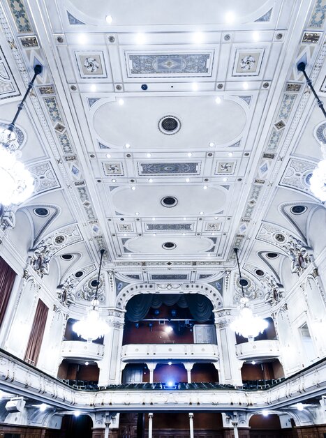 Detailansicht der eleganten Decke mit Kronleuchtern und künstlerischen Elementen. | © MCG - Werner Krug