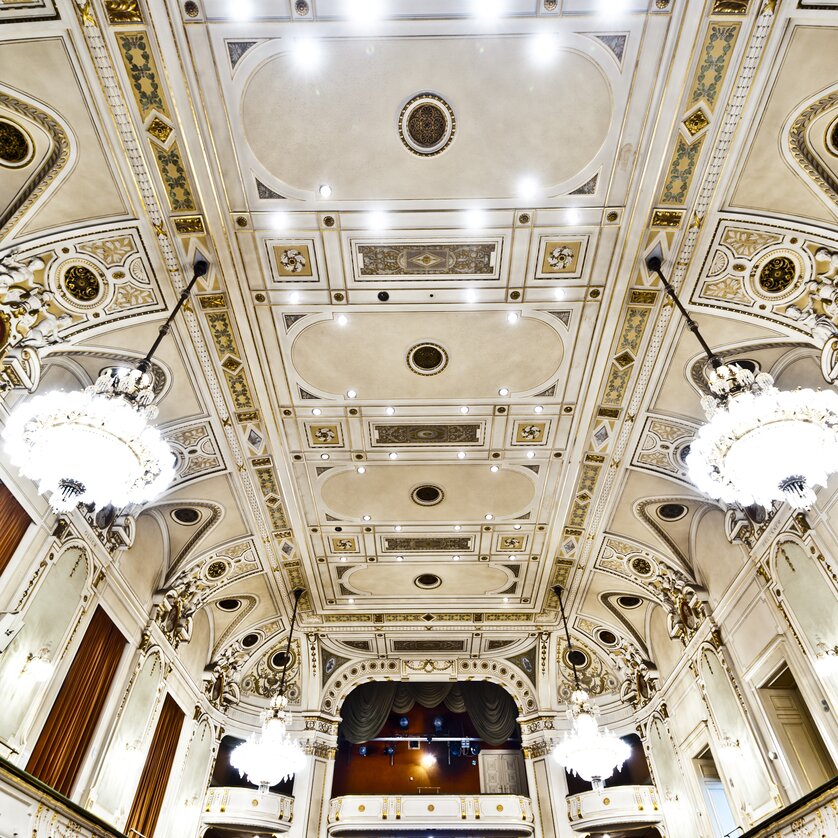 Eleganter Saal mit kunstvoller Decke und großen Kronleuchtern. | © MCG - Werner Krug