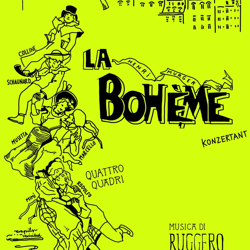 Illustrazione per "La Bohème" con personaggi e sfondo di Parigi.