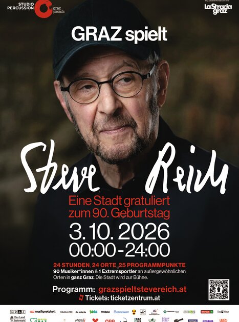 Plakat zu Steve Reichs 90. Geburtstag mit Veranstaltungsinfos.