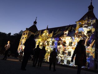 I visitatori ammirano una straordinaria proiezione luminosa su un vecchio edificio. | © Marija Kanizaj