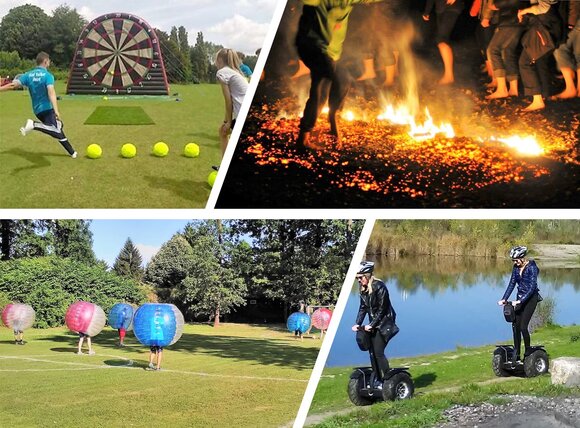 Variety of leisure activities including soccer, fire walking, and segway riding.