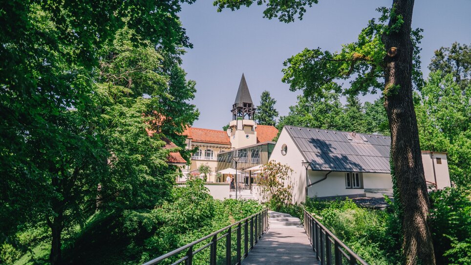 Castle Vasoldsberg surrounded by trees and greenery. | © Pixellicious Fotografie