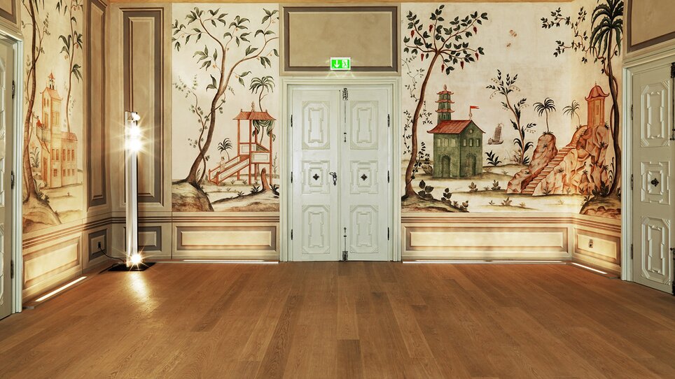 Eleganter Raum im Stift Rein mit malerischen Wänden und hölzernem Boden. Ideal für Veranstaltungen mit einer inspirierenden Atmosphäre.