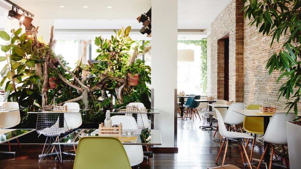 Einblick in das Restaurant mit Pflanzen und stilvollen Tischen im Hotel Daniel Graz. | © Florian Weitzer Hotels & Restaurants